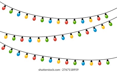 Multiple rows of colorful bulbs on wires creating festive party background on light surface.
