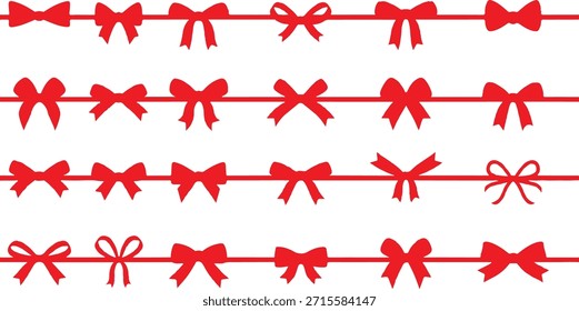 Múltiples filas de arcos rojos de varios estilos y tamaños se muestran horizontalmente sobre un fondo blanco.