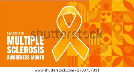 Multiple Sclerosis Awareness Month banner with orange ribbon and geometric mosaic, vector