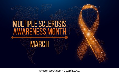 Multiple sclerosis awareness month concept. Banner template with glowing low poly orange ribbon. Wireframe modern abstract background. Vector illustration. 