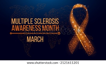 Multiple sclerosis awareness month concept. Banner template with glowing low poly orange ribbon. Wireframe modern abstract background. Vector illustration. 