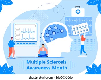 Multiple sclerosis awareness month event in March. Anatomical science of brain and senses diseases for website. Tiny doctors treat sclerotic.