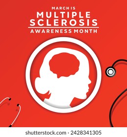 Multiple Sclerosis Awareness Month. Human, stestoscope and brain. card, banner, poster, social media and more. Background of orange. 