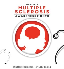 Multiple Sclerosis Awareness Month. Human, stestoscope and brain. card, banner, poster, social media and more. Background of white.