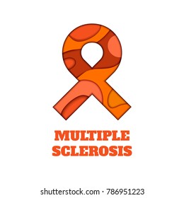 Multiple sclerosis awareness poster. Orange ribbon made in 3D paper cut and craft style on white background. Medical concept. Vector illustration.