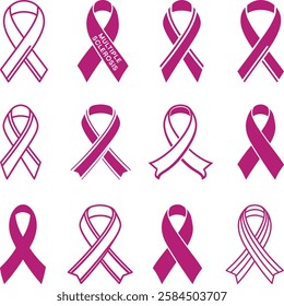 Multiple sclerosis awareness ribbon collection set Silhouette. Pink bows Medical concept. Vector illustration