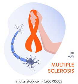 Multiple sclerosis awareness ribbon. Demyelination of neuron shealth under microscope. Damaged nerve cell. Hand holding orange bow. Central nervous system disease. Medical concept. Vector illustration