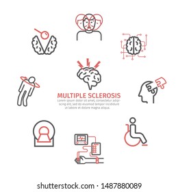 Multiple sclerosis banner. Symptoms, Causes, Treatment. Line icons set. Vector signs for web graphics.