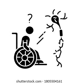 Multiple sclerosis black glyph icon. Handicapped man in wheelchair. Neurology problem. Trauma treatment. Patient with spine injury. Silhouette symbol on white space. Vector isolated illustration