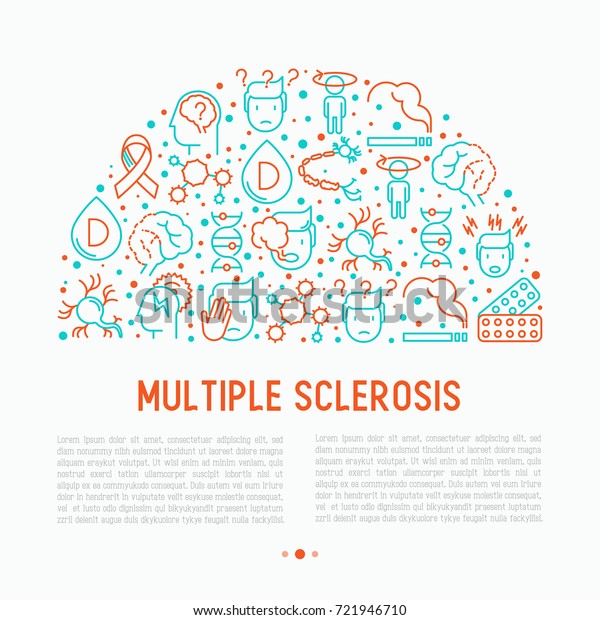 症状と治療の細い線のアイコンを持つ半円状の多発性硬化症のコンセプト 失神 遺伝 ニューロンミエリン鞘 ビタミンd バナー ウェブページのベクターイラスト のベクター画像素材 ロイヤリティフリー