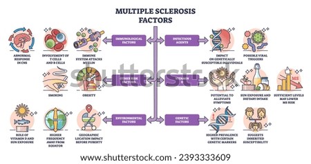 Multiple sclerosis factors as MS disease risks and causes outline diagram. Labeled educational scheme with immunological, infectious, environmental or genetic health impact issues vector illustration