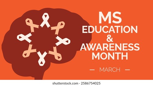 Multiple Sclerosis MS Education Awareness Month: Brain with Ribbons on Orange Background