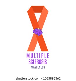 Multiple sclerosis ribbon awareness poster with an orange bow and pinned brain symbol on white background. Central nervous system disease. Minimalistic medical concept. Vector illustration.
