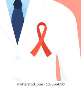 Multiple sclerosis ribbon awareness poster with a doctor wearing an orange bow as symbol of the fight and treatment of MS. Medical concept. Vector illustration on white background.
