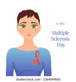 Multiple sclerosis ribbon awareness poster with a woman wearing an orange bow as a symbol of support. Medical concept. Vector illustration on white background.