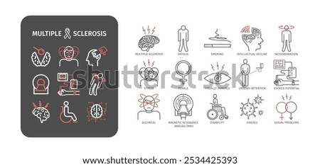 Multiple sclerosis. Symptoms, Causes, Treatment. Line icons set. Vector signs for web graphics.