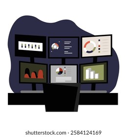 Multiple Screens Displaying Analytical Charts And Graphs. Flat Vector Illustration Symbolizing Data Monitoring, Business Intelligence, And Performance Analysis, Isolated On White Background