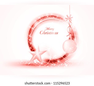 Multiple semitransparent rings form a round frame. Little stars and light effects give it a festive feeling. Added are a hanging bauble with ribbon and standing star at the bottom.