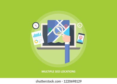 Multiple SEO locations - SEO Maps - Local Business - flat design vector illustration with icons