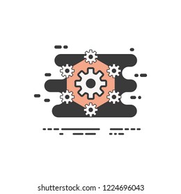 Multiple setting wheels circling around a bigger setting wheel. Flat modern vector icon