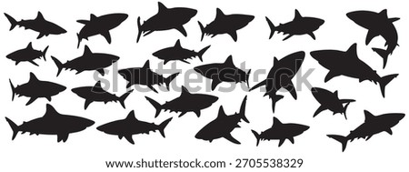 Multiple shark silhouettes swimming dynamically in an abstract marine life pattern design