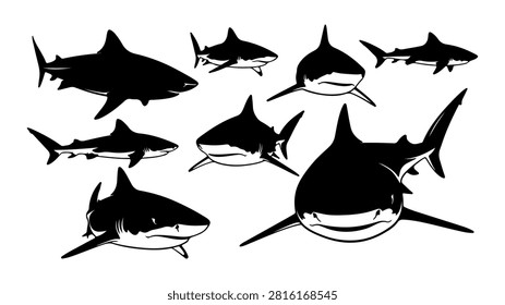Multiple sharks swimming together in the ocean, showcasing marine life diversity and predator behavior in their natural habitat.