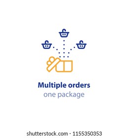 Multiple shop orders combined in one single parcel, box shipping, shipment services, vector line icon