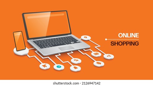 Multiple Shopping Icons Placed On A Circuit Board That Transmits Data To Computers Laptops And Smartphones For Delivery And Online Shopping Advertising Concept,vector 3d Isolated On Orange Background