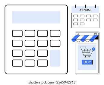 Multiple shopping and planning themes with a calculator, an annual calendar, and an online shopping icon with a cart. Ideal for budgeting, financial management, e-commerce, planning, organization
