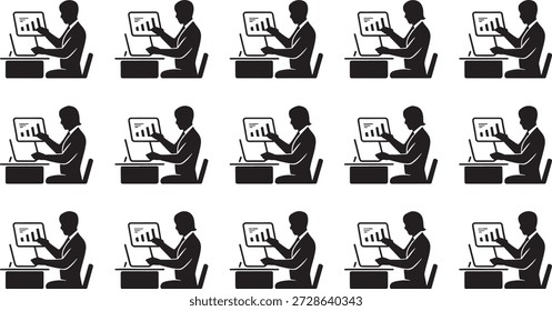 Múltiples Imágenes de siluetas de profesionales de negocios que trabajan en computadoras portátiles dispuestas en filas sobre un fondo blanco para su uso en presentaciones y diseños que ilustran la productividad del lugar de trabajo.