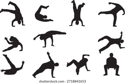 Mehrere Silhouetten von Breakdancern werden dargestellt, die verschiedene dynamische Bewegungen mit hoher Energie und geschickter Athletik ausführen; geeignet für künstlerische oder Fitness-Projekte.