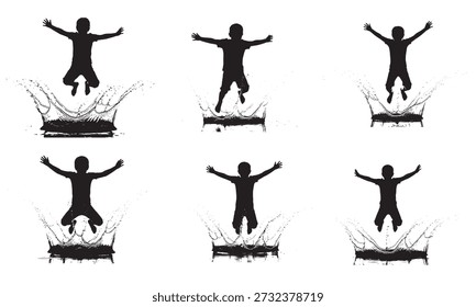 Múltiples siluetas de niños saltando al agua, creando salpicaduras, juego activo.