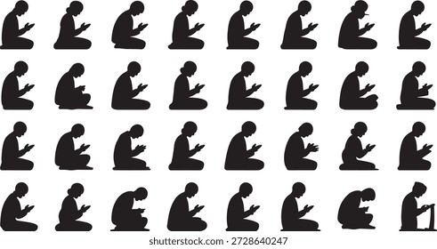 Múltiplas silhuetas de pessoas sentadas no chão usando smartphones em diferentes poses são organizadas em fileiras em um fundo branco simples.