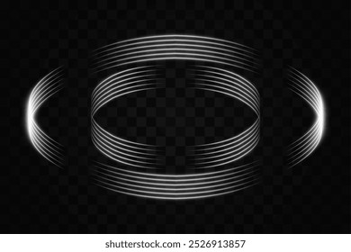 Multiple silver neon light rings arranged in an abstract circular pattern on a transparent background. Perfect for futuristic, tech, and sci-fi designs.