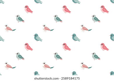 Multiple small birds in shades of pink and blue are scattered across a white background, creating a whimsical and cheerful pattern perfect for craft projects or children's designs.