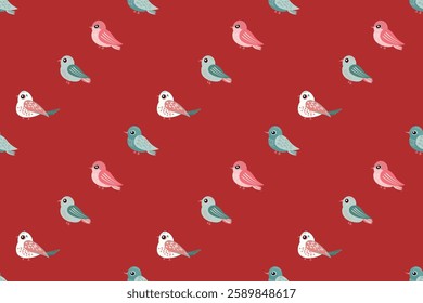 Multiple small birds in shades of pink and blue green are scattered across red background, creating a whimsical and cheerful pattern perfect for craft projects or children's designs.