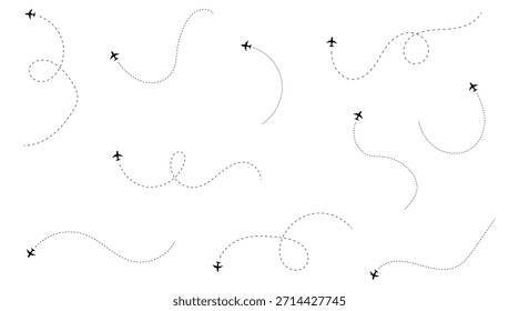 Multiple small black airplane silhouettes showing diverse dotted flight paths for global travel and navigation icon design elements