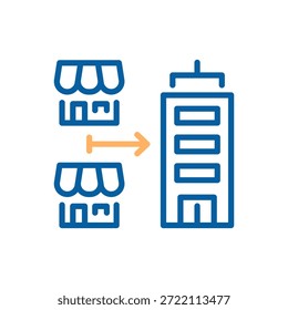 Múltiples esquemas de tiendas Pequeñas se fusionan en un Grande edificio de oficinas, lo que representa la consolidación, fusión o crecimiento de negocios. Icono de línea delgada, trazo editable