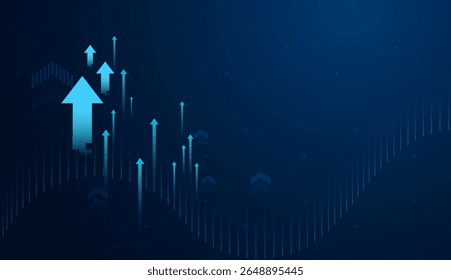 Várias setas menores ascendem ao lado da seta principal, representando o momento coletivo ou vários fatores de sucesso em movimento. e Grupo de setas para cima contra um fundo azul escuro