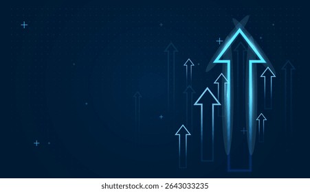 Multiple smaller arrows rise together, portraying unity, teamwork, and consistent growth in performance or data metrics. A groups of bright gowing up arrow trends