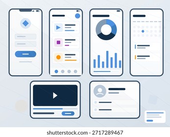 Multiple smartphone screens display app interfaces with features such as login areas, video players, and data charts. Each screen shows different user interactions and layouts.