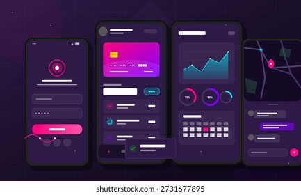 Multiple smartphone screens displaying modern mobile app interfaces. The screens feature user dashboards, charts, and various interactive elements.