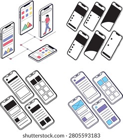 Multiple Smartphones Displaying Colorful Screens Arranged in Flat Lay Composition