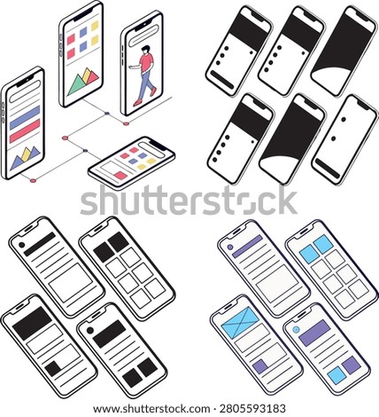 Multiple Smartphones Displaying Colorful Screens Arranged in Flat Lay Composition