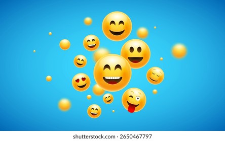 Multiple smiling emoji faces with different expressions floating on blue background representing joy, fun, happiness and emotion.