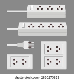 Multiple socket power strip with electrical plugs, standard Asian plug adapters, and power outlets, isolated on a white background. Suitable for electrical and energy conservation concepts.