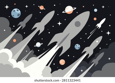 Multiple space rockets blasting off together into a starry galaxy filled with planets, stars, and cosmic dust clouds.