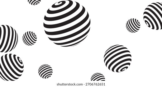 Múltiples esferas con rayas blancas y negras, creando un patrón abstracto y arremolinado. Las esferas varían en tamaño y Orientación.