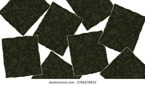 Multiple square sheets of dark green roasted seaweed or nori are scattered to show their thin crispy and textured surface.