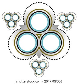 Multiple stacked circle designs, blue and gray. solid and dotted lines.